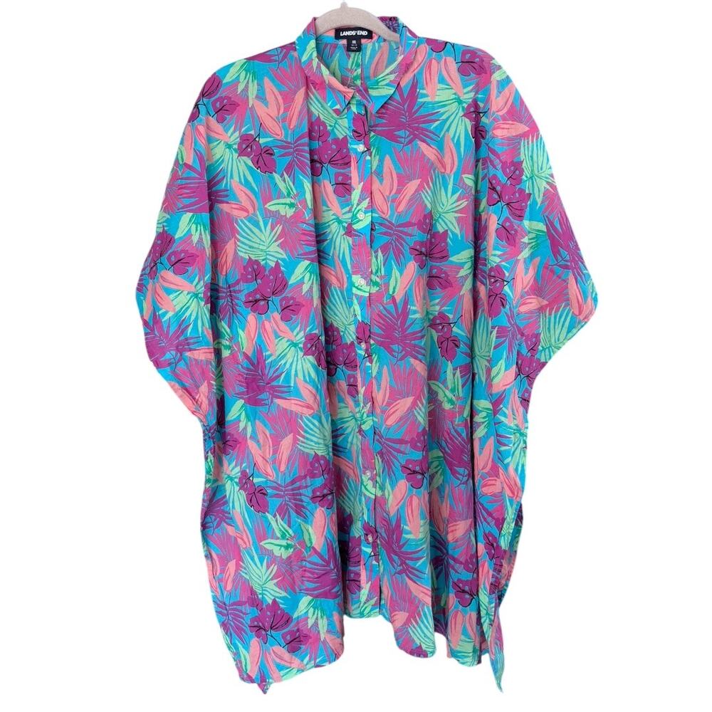 Lands’ End Tropical Print Beach Cover Up Women’s M Button Front Tunic Blouse - Picture 2 of 7